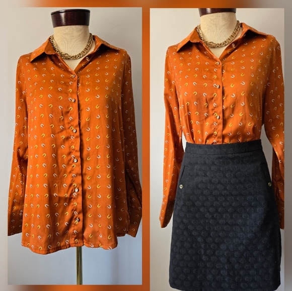 FOR YOU MODA Horseshoe Pattern Burnt Orange Long Sleeve Button Down Shirt. Med - Picture 1 of 13